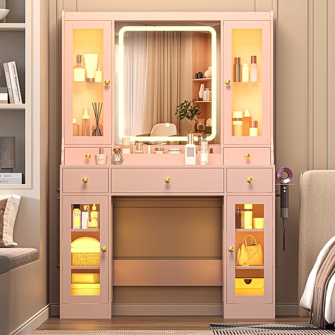 Makeup Vanity Desk with Mirror and Lights, 41" Pink Vanity Set with 5 Drawers & 4 Glass Cabinets, Power Outlet & Adjustable LED Lights, Dressing Table for Women & Girls Bedroom