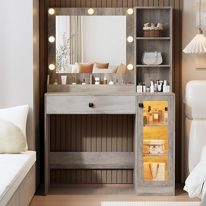 Makeup Vanity with Mirror and Lights & Power Outlet, 34'' Small Vanity Desk with Drawers and Storage Cabinet & Makeup Tray, Dressing Table for Girls Bedroom Dressing Room, Grey