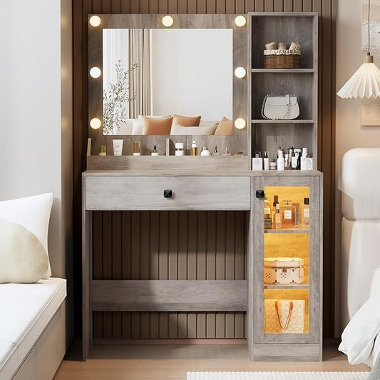 Makeup Vanity with Mirror and Lights & Power Outlet, 34'' Small Vanity Desk with Drawers and Storage Cabinet & Makeup Tray, Dressing Table for Girls Bedroom Dressing Room, Grey