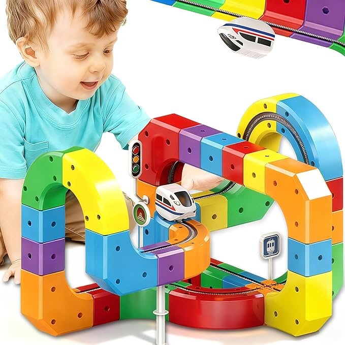 Rail Electric Train Set for Kids, Flexible 3D Race Track Toy with Motorized Car, Gravity-Defying Click Rail Track Layout, Educational STEM Building Set for Boys & Girls Ages 3–8 (81pcs)