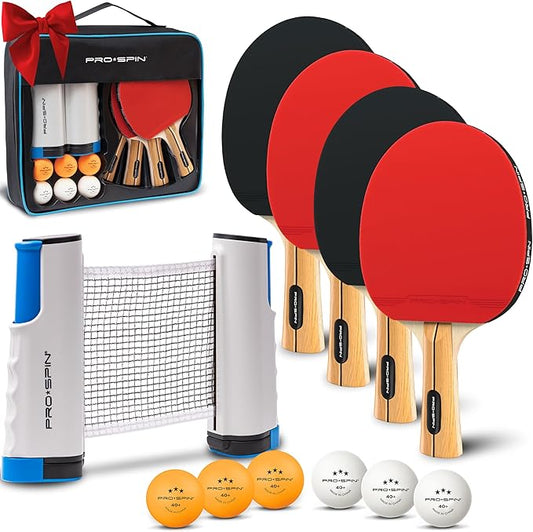 PRO-SPIN Portable Ping Pong Set with Retractable Ping Pong Net for Any Table, All-in-One Table Tennis Set with Ping Pong Paddles, Balls & Case, Table Top Family Game