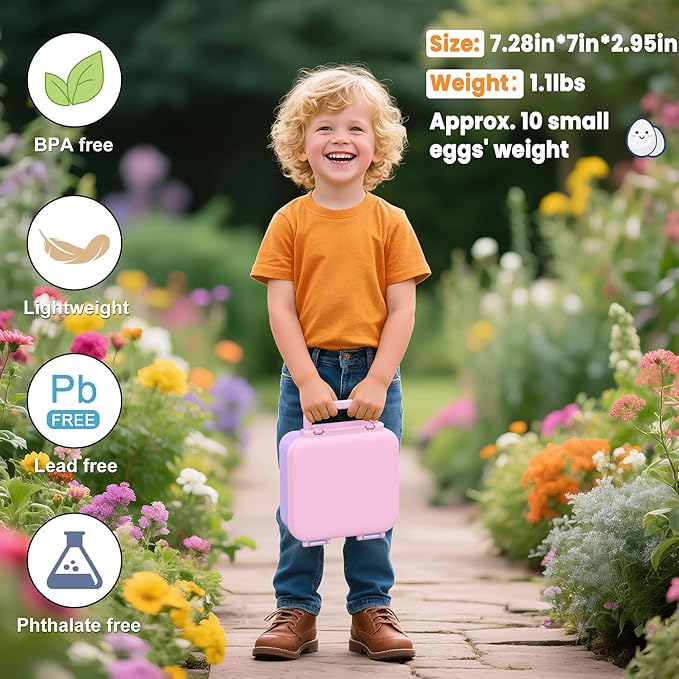 Bento Lunch Box for Kids with 9oz Thermo, Leak-proof Lunch Containers with 3 Compartments,Kids-friendly Size,Durable/Dishwasher Safe Lunch Box for School Outdoors Purple-Pink