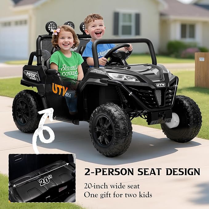24V 2 Seater Ride on UTV Car, 4WD Ride on Toys for Kids with Remote Control, Shock Absorbers, LED Lights, Music, Off-Road Electric Car for Kids Boys Girls (Black)