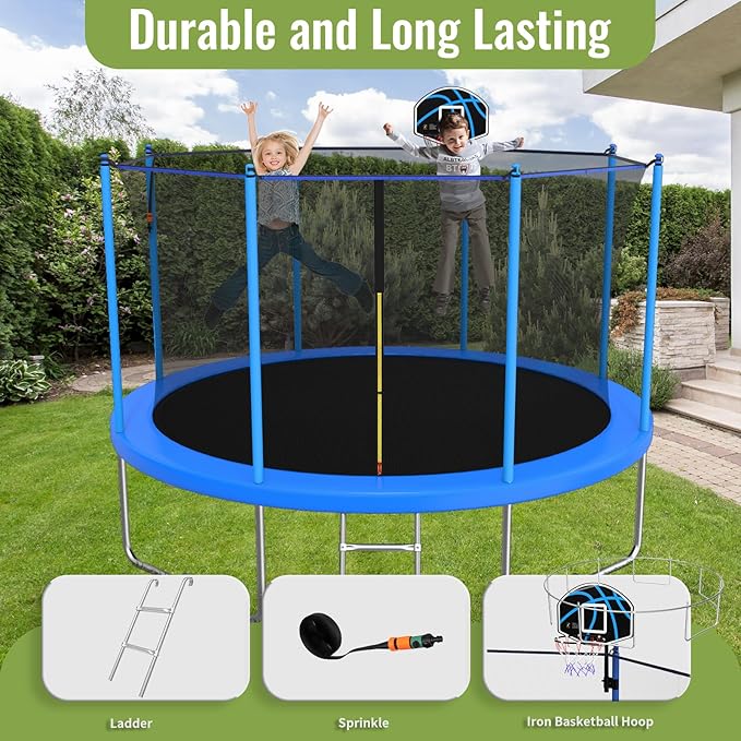 10FT/12FT/14FT Outdoor Trampoline for Kids and Adults - Trampoline with Basketball Hoop & Sprinkler - Anti Rust - ASTM Approved - Blue