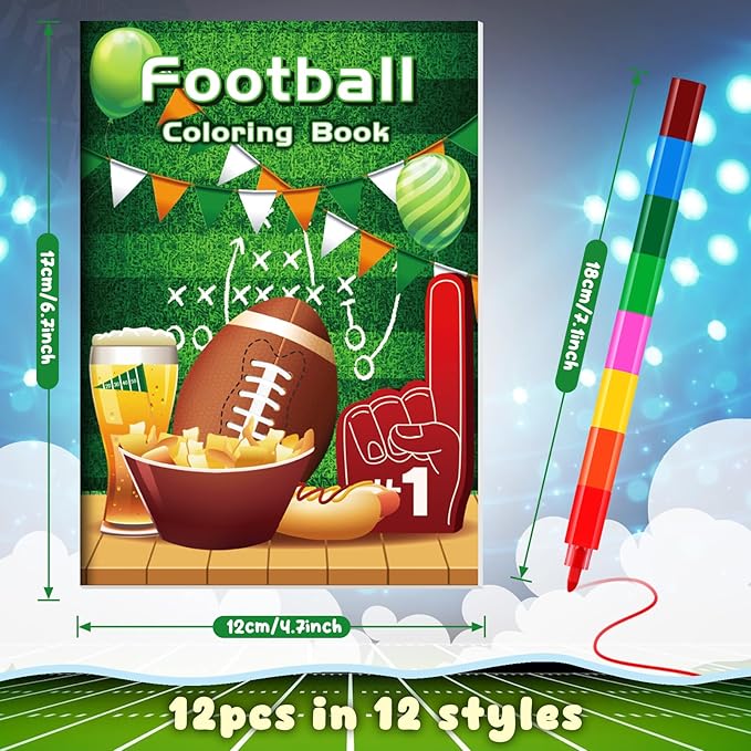 BenLouis 12 Football Mini Coloring Books Kids with 12 Stacking Crayons Sports Football Theme Party Favors Small Activity Books Bulk for Kids Super Football Bowl Party Gift Goodie Bag Stuffers