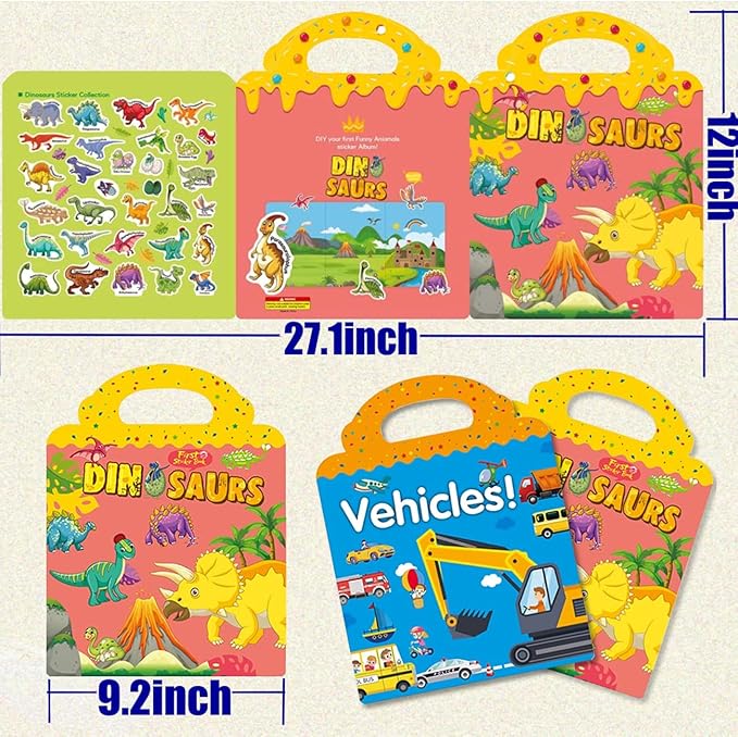 RUSON Reusable Sticker Book for Kids, 2 Sets Educational Learning Toys Travel Stickers Activity Books for Toddler Girls Boys Age 3+ Birthday Gifts - Vehicle & Dinosaur
