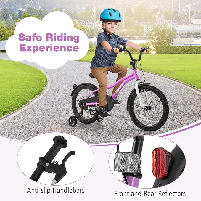 BABY JOY Kids Bike, 12 14 16 18 Inches Sporty Bicycle with Training Wheels, Adjustable Seat, Handbrake & Coaster Brake, Reflectors, Girls Boys Bike for 3-8 Years Old Children