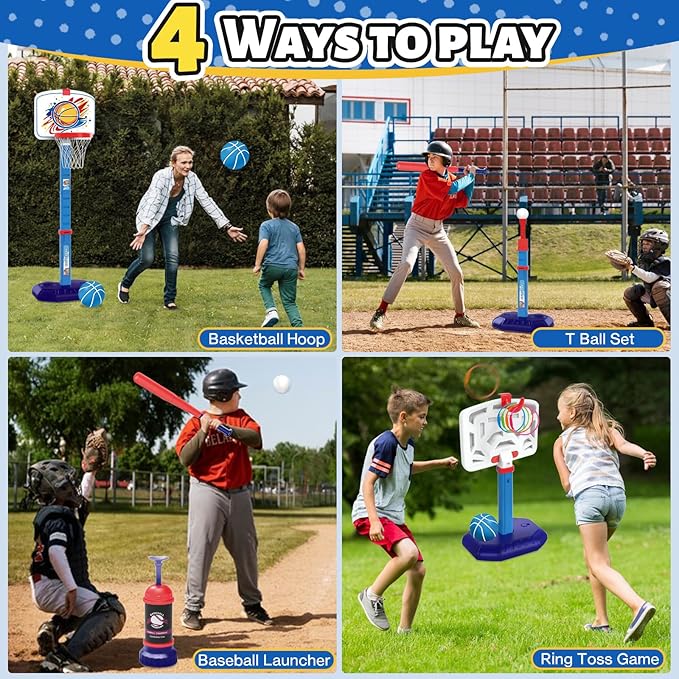 4 in 1 Kids Basketball Hoop Ring Toss T Ball Set - Adjustable Height Basketball Hoop & Baseball Pitching Machine & Batting Tee & Toss Game, Indoor Outdoor Toys Gifts for Toddler Boys Girls Age 3-12