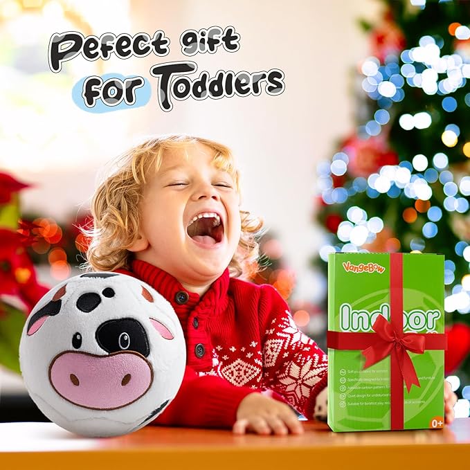 Silent Indoor Soccer Balls for Toddlers 1-3, Inflatable Soft Plush Baby Toddler Soccer Ball Toys Gifts for Kid 3-5 Year Old Boy Girl First Birthday Gift (Cow, Pump Include)