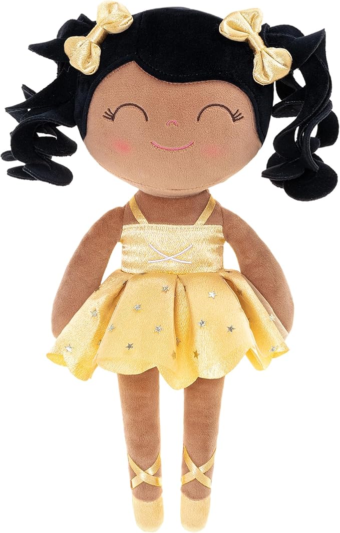 Gloveleya Baby Dolls Soft Snuggly Curly Hair Ballerina Doll First Baby Girl Gifts Plush Tanned Ballet Doll with Lace Mesh Dress Golden Ballerina Series