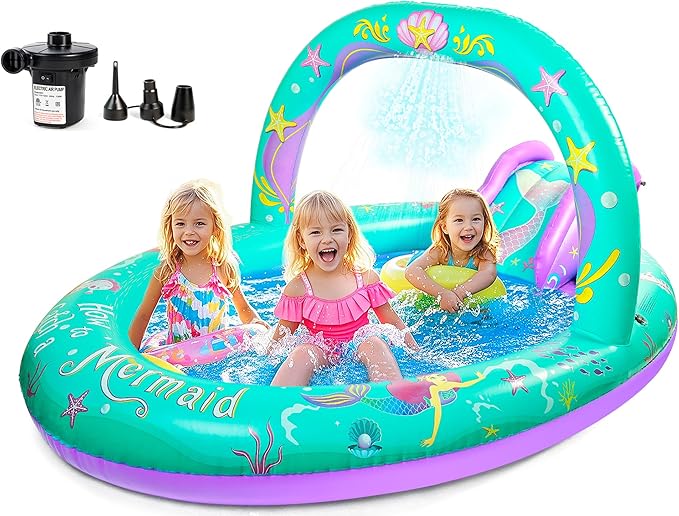 SULIFEEL Mermaid Inflatable Play Center Kiddie Pool with Slide and Sprinkler for Children, 96''x59''x39'' Baby Pool for Backyard and Garden, Free Inflatable Pump