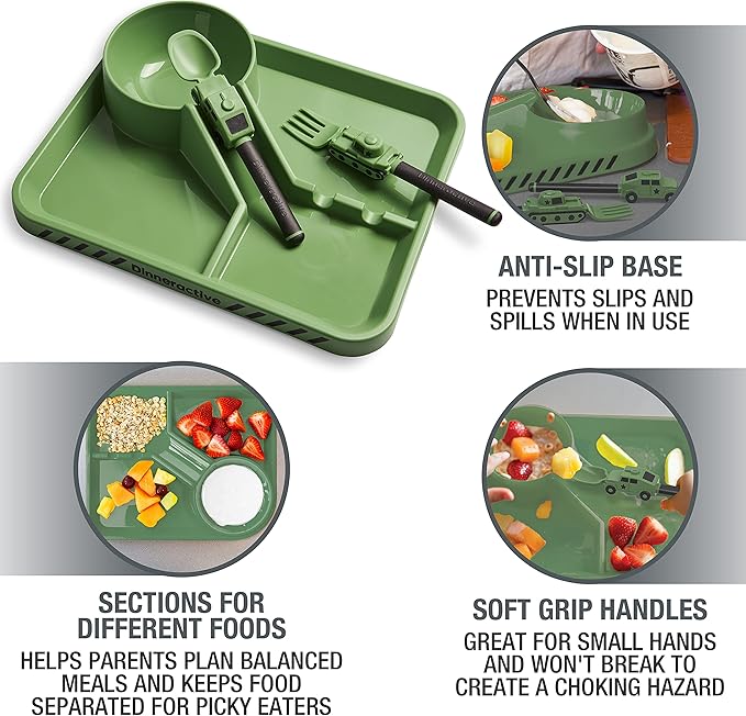 Dinneractive Dining Set For Kids - 3PC Green Army Dinnerware - Army Truck Tank Utensils - Toddler Plates - Baby Dishes