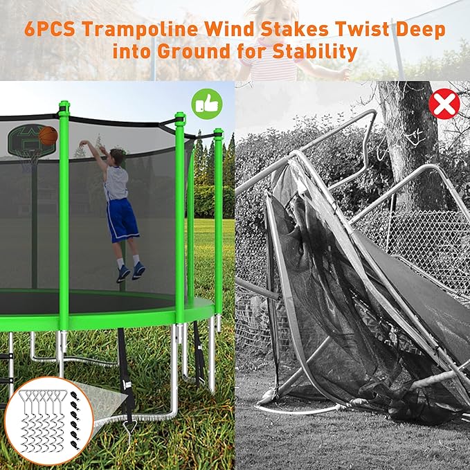 1500LBS 8 10 12 14 15 16 FT Tranpoline for Adults/Kids with Safety Enclosure Net, Basketball Hoop, Ball, Wind Stakes and Ladder, Heavy Duty Outdoor Recreational Tranpolines for Family