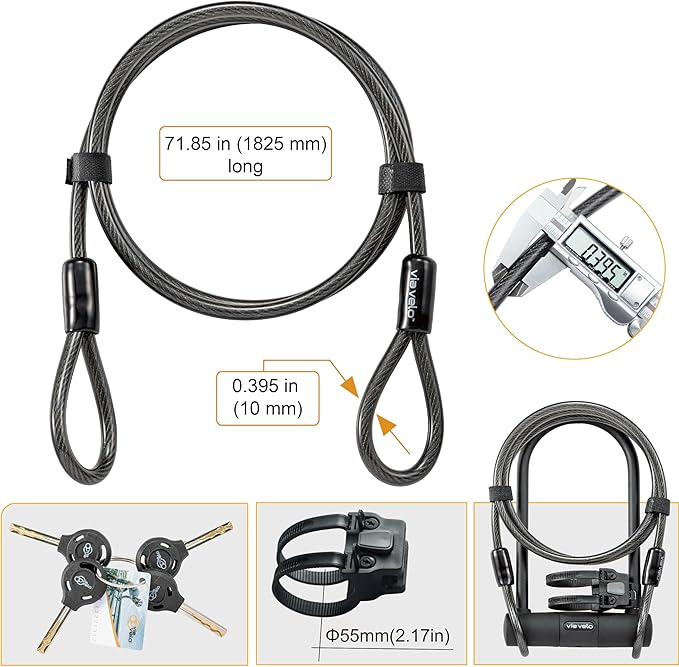 Via Velo Bike U Lock with Cable | Classic U Lock Heavy Duty Anti-Theft 15mm Shackle Innerside 9.25 x 4.5 in Sold Secure Silver Approval with 6Ft Cable Security Lock for Bike Electric Bike Scooter