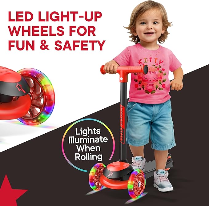 3 Wheel Scooter for Kids, Smooth Light Up LED Front Wheels, Wide Anti Slip Deck, Rear Foot Brake, Easy Lean to Steer Maneuvering, Indoor & Outdoor Ride On Toys for Ages 2 Up