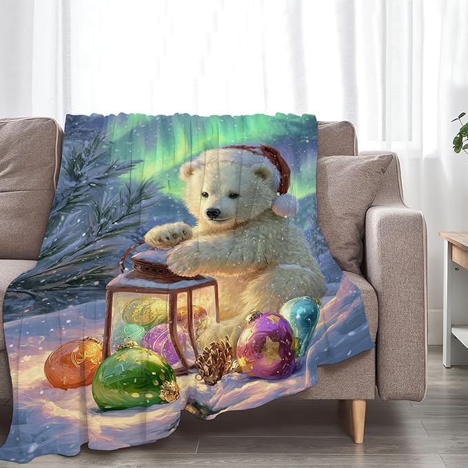 Christmas Polar Bear Blanket White Bear Winter Aurora Throw Blankets Gifts for Girls Boys Kids Animal Lovers Soft Cozy Fleece Plush for Couch Sofa Bed 50"x40"