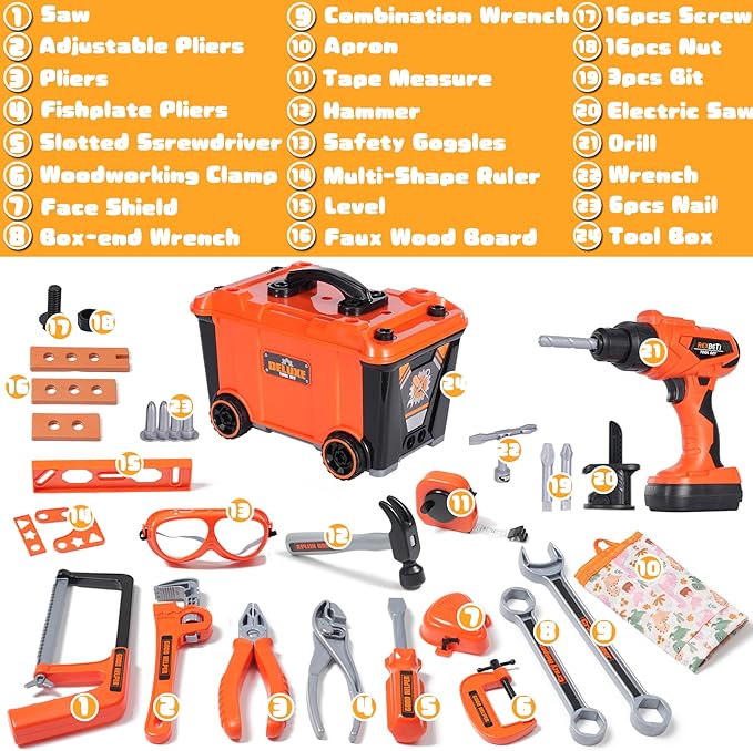 REXBETI Kids Tool Set with Tool Box and Electronic Toy Drill, Pretend Play Kids Construction Kits, Toddler Tool Set, Birthday Gifts for Kids Ages 3-8 Years Old