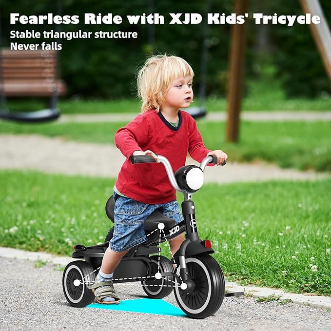 XJD Toddler Tricycle, Foldable Toddler Bike with Pedals, Tricycle for 2-5 Year Olds, Adjustable Comfortable Seat, Birthday Gifts for 1-5 Years Old Boys and Girls (Black)