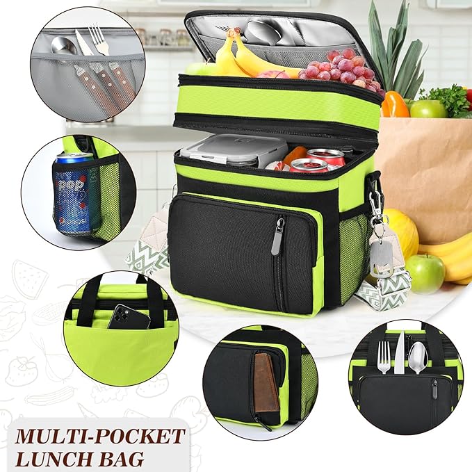 LOKASS Lunch Box for Women/Men-16L-Insulated Lunch Bag, Expandable Double-layer Leakproof Cooler Bag with Upgrade Adjustable Shoulder Strap Ideal for Work/Travel/Picnics（Neon Green）