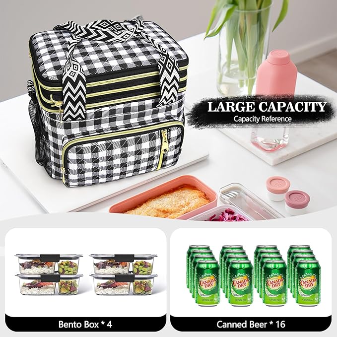 LOKASS Lunch Box for Women-16L-Insulated Lunch Bag Women, Expandable Double-layer Leakproof Cooler Bag with Upgrade Adjustable Shoulder Strap Ideal for Work/Travel/Picnics（Black&White Check）