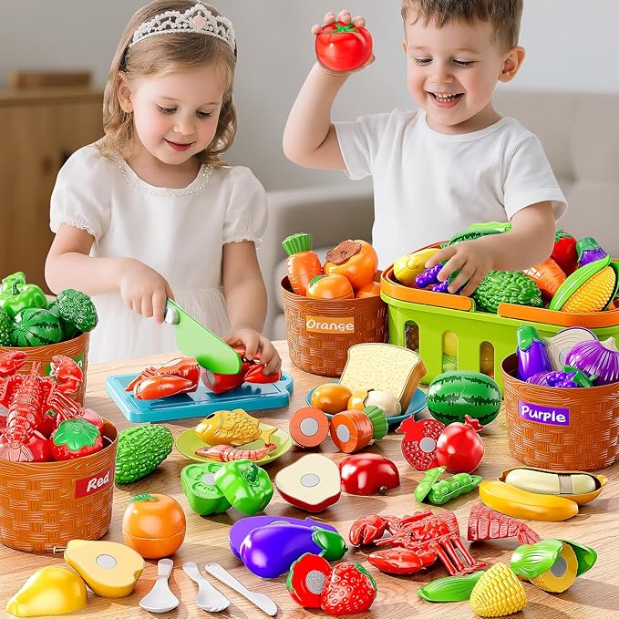 Play Food Set for Kids, Toddler Learning Toys, Cutting Food Toy Color Sorting Set, Pretend Food Play Kitchen Accessories for Kids, Birthday Gifts for 3-8 Years old Boys Girls Educational Toys