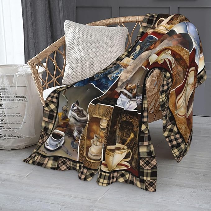 Vintage Coffee Blanket Drink Cup Lover Throw Blankets for Girls Boys Adult Women Men Plush Cozy Flannel Fleece Ultra Soft Fuzzy Party Blanket Gifts for Bed Couch Sofa 60"X50"