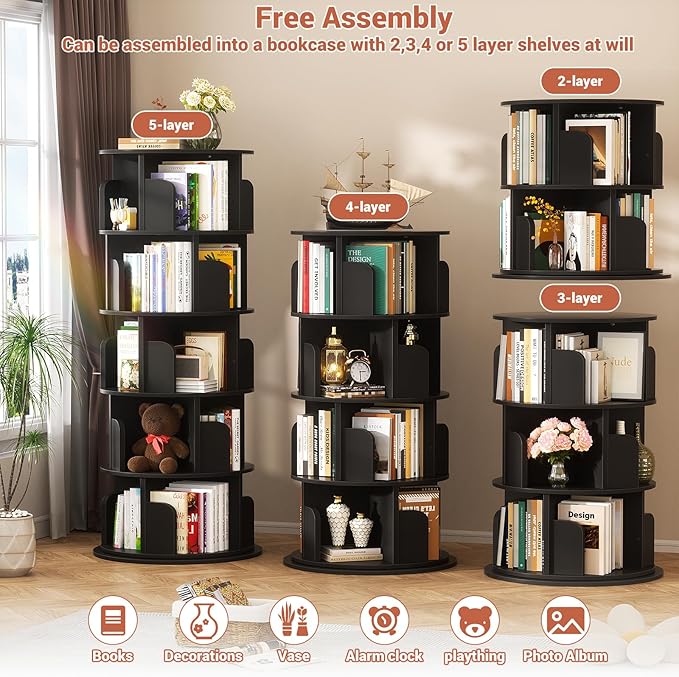 Rotating Bookshelf Tower, 5 Tier Spinning Bookcase, Revolving 360 Book Shelf Narrow Tall Bookcase, Vertical Turning Round Bookshelf Organizer, Wood Corner Book Shelf for Small Space, Black
