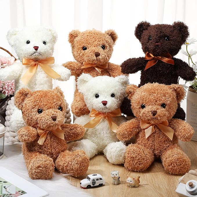 HyDren 12 Pack 12 Inch Stuffed Bear Animal Cute Bulk Plush Toys with Ribbon Bow Ties Soft Bears for Baby Shower Birthday Party Favors(Light Brown, Dark Brown, White)