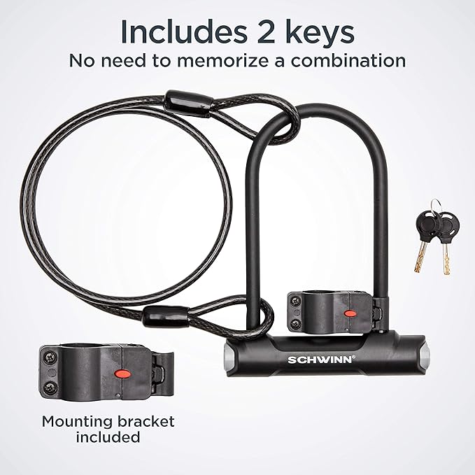 Schwinn Bike Max U-Lock with Double Crimped Cable, 2 Keys Included, 4 feet x 10mm Anti Theft Bicycle Lock, Security Level 5