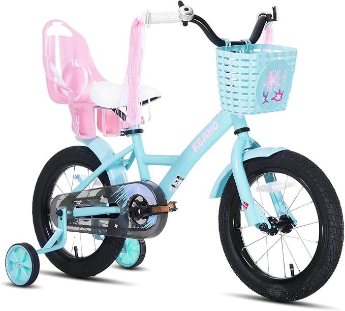 KEANO Zinnia 14 16 20 Inch Kids Bike for Girls Ages 3-10 Years, Girls' Bikes with Training Wheels, Streamers, Basket and Doll Seat, Children Bicycles