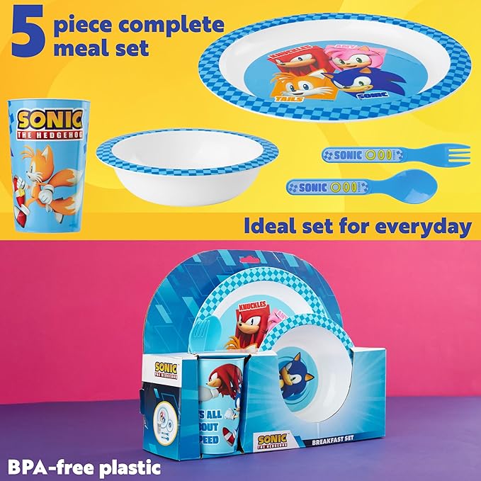 Get Trend Sonic the Hedgehog Dinnerware Sets for Kids, 5 Pc Tableware, Plate, Bowl, Cup, Spoon, Fork, Plates and Bowls Set, Gifts for Kids (Blue Sonic The Hedgehog)