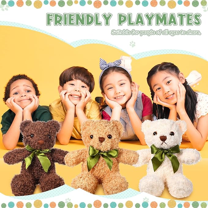 9 Pieces Cute Bear Stuffed Animals 10 Inch Soft Plush Stuffed Bears Toy Valentine‘s Day Gift Bulk with Bow Tie Kids Boys Girls Graduation Baby Shower Birthday Party Gift(Dark Brown, Golden, White)