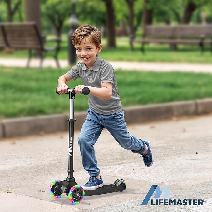 Lifemaster Mini 3-Wheel Kids Scooter with Multi-Color Wheel Lights – 4-Height Adjustable Handlebar, Wide Anti-Slip Deck, Child Safety Certified, Boys & Girls Ages 2+ Supports Up to 110 lbs