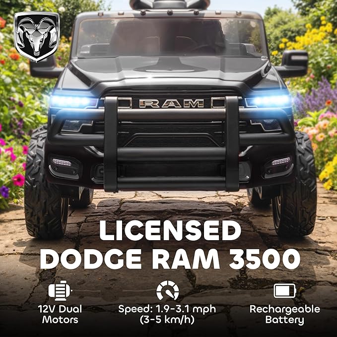 Qaba 12V Kids Ride on Car, Licensed Dodge RAM 3500 Electric Car for Kids with Dual Motors, Parent Remote Control, Rear Suspension, Power Display, Bluetooth Music and LED Lights, Black