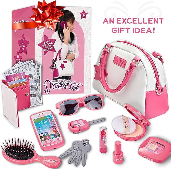 Star Princess Pretend Play Purse Set for Girls - Realistic Purse with Accessories: Toy Phone, Wallet, Credit Cards, Keys, Makeup for Role Playing Toys for Girls Ages 3-8