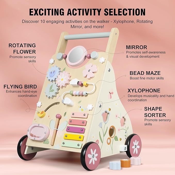 Wooden Baby Walker, Baby Push Walker, Push Walker Toys for Babies Learning to Walk & Sit-to-Stand, with Montessori Sensory Toy & Activity Center for Girls Boys