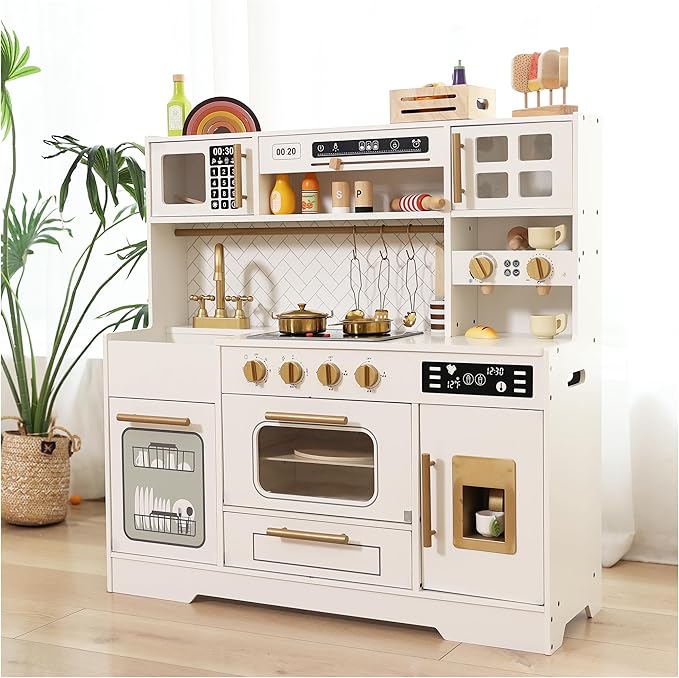 Interactive Wooden Play Kitchen Set for Kids Realistic Features with Extended Storage and 15 Kitchen Accessories, Ideal Pretend Playset Gift for Toddlers and Children Ages 3+