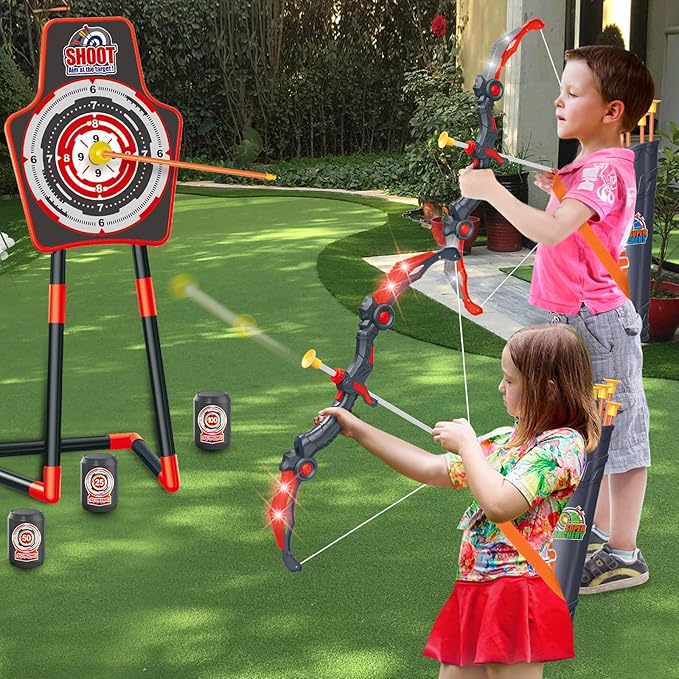 SpringFlower 2 Bow and Arrow Sets with LED Light-up,2 Foam Dart Guns for Kids 5 6 7 8 9 10+ Years Old, Archery Set with Standing Target for Boys & Girl, Ideal Gift
