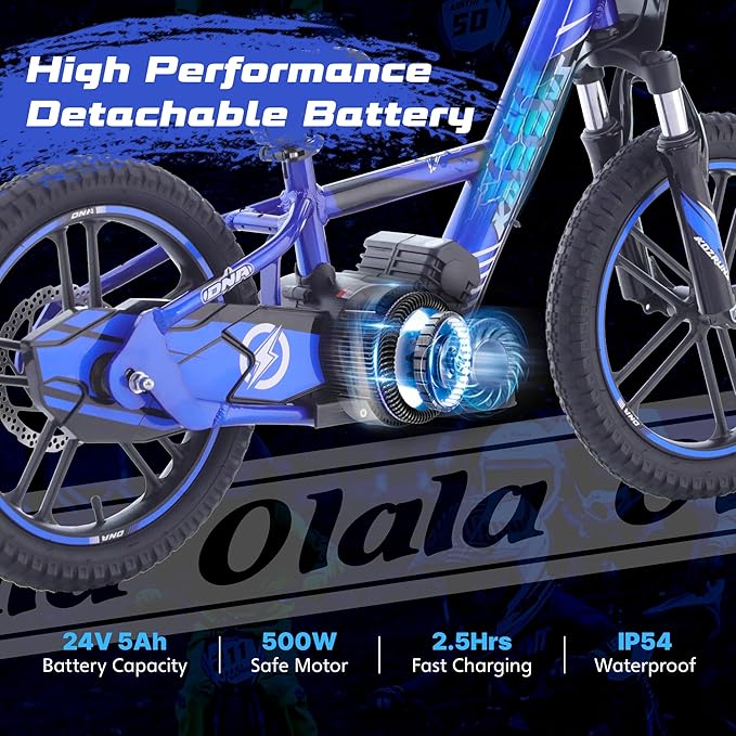 OLALA Electric Dirt Bike for Kids Aged 6-12, 500W Professional Version, Racing Grade Electric Motorcycle, Up to 15.5MPH & 3 Speed Settings, 24V Detachable Battery, 16IN Off-Road Tires