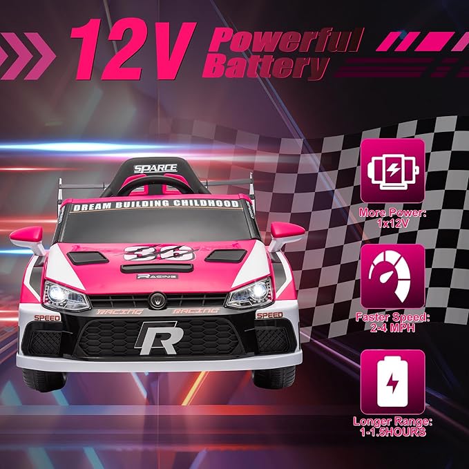 Kids Ride on Car with Parent Remote Control,12V Battery Powered Electric Vehicles for Kids Ages 3-8,Powerful Motor 3-Speed Sports Car Ride-on Toys w/Music,LED Lights,Suspension System (Pink)