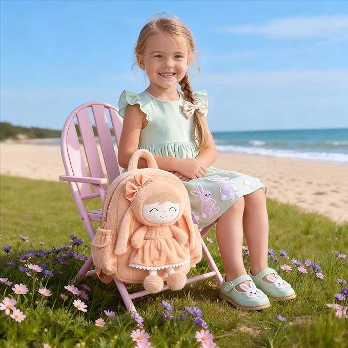 Gloveleya Back to School Gifts for Girls Toddler Backpack Plush Bag with Detachable Orange Rabbit 11 Inches Gift for Baby Girl Aged 2+
