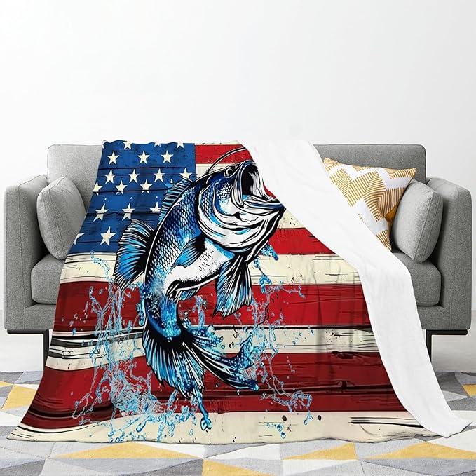 Bass Fish Blanket American Flag Fishing Throw Blankets Gifts for Girls Boys Kids Fishing Lover Soft Cozy Fleece Plush for Couch Sofa Bed 50"x40"