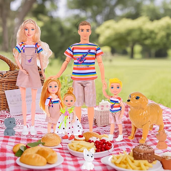 iBayda Family Dollhouse Dolls Playset - 6 People with Dollhouse Pets Included Pregnant Mom Dad 3 Kids and Accessories for 3-12 Years Old Toddlers Gift