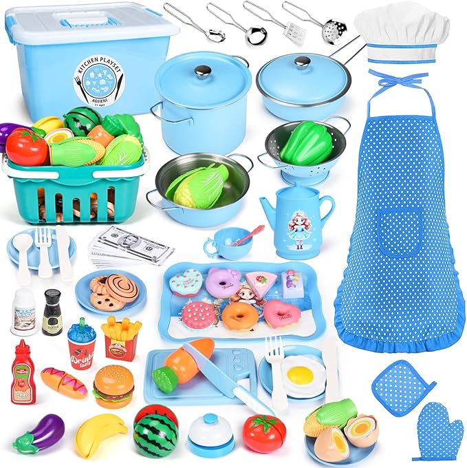 105Pcs Kids Kitchen Playset, Play Kitchen Accessories, Pretend Play Food Tea Party Set, Toy Kitchen Kids Cooking Real with Apron＆Chef Hat, Utensils Cookware, Toy Organizer, Birthday Gift for Toddler