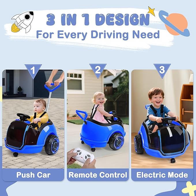 ANPABO 3-in-1 Electric Push Ride On Car, 12V Kids Ride On Toy w/Remote Control, 360° Spin, 5-Point Safety Belt, Colorful LED Light, Music Player, Push Car for Toddler Ages 1-3 (Blue)
