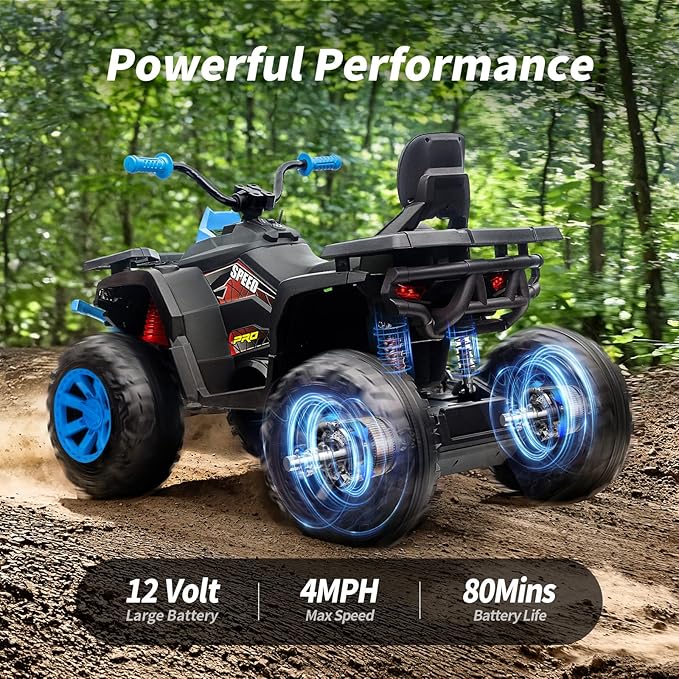 12V Kids 4 Wheeler ATV, 2-Seater Electric ATV Four Wheeler for Big Kids with Bluetooth, 14.4" Big Wheels - Blue