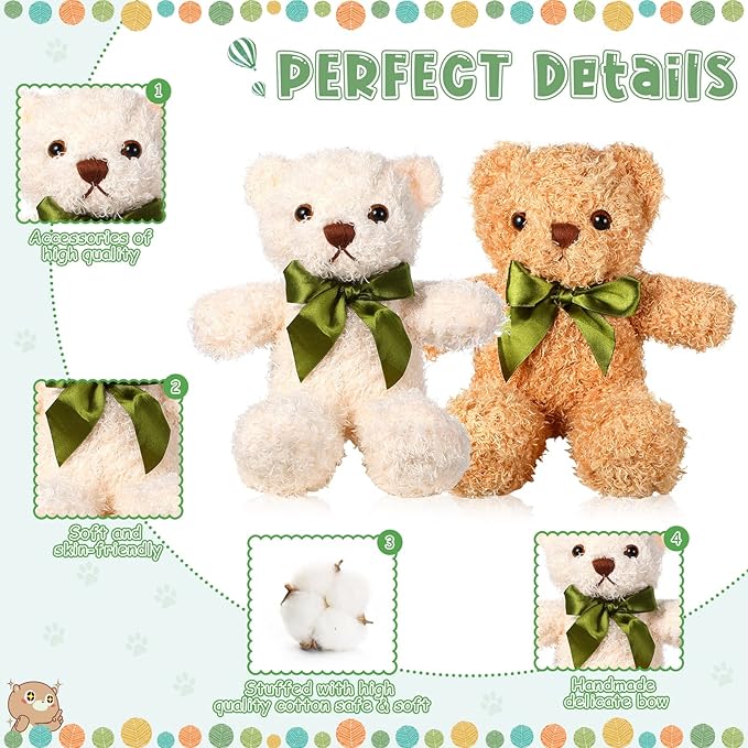 9 Pieces Cute Bear Stuffed Animals 10 Inch Soft Plush Stuffed Bears Toy Valentine‘s Day Gift Bulk with Bow Tie Kids Boys Girls Graduation Baby Shower Birthday Party Gift(Dark Brown, Golden, White)