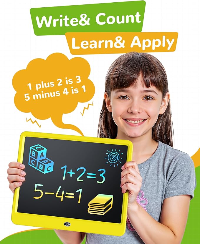 KOKODI LCD Writing Tablet, 12 Inch Colorful Toddler Doodle Board Drawing Tablet, Erasable Reusable Electronic Drawing Pads, Educational and Learning Toy for 3-6 Years Old Boy and Girls(Yellow)