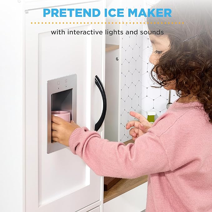 Best Choice Products Pretend Play Corner Kitchen, Ultimate Interactive Wooden Kids Playset w/Lights & Sounds, Ice Maker, Hood - Farmhouse White