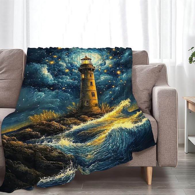 Lighthouse Blanket Nautical Coastal Lighthouse Starry Night Throw Blankets Gifts for Girls Boys Kids Soft Cozy Fleece Plush for Couch Sofa Bed 50"x40"